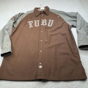 Vintage Fubu Shirt Mens XXL 2XL Brown Wool Varsity Overshirt 90s Y2K Shacket